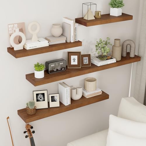 fuqing Rustic Floating Shelves, Wooden Floating Shelves for Wall Set of 3, Wall Mounted Dark Wood Shelves for Living Room Bedroom Bathroom Kitchen - Dark Walnut - color: Walnut, size: 17 Inch