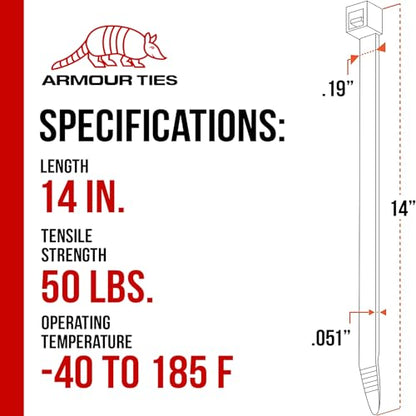 14-inch Black Zip Ties Heavy Duty UV Resistant Nylon Cable Ties, 50lb Tensile Strength, 100-Pack - Durable Wire Ties, Heavy Duty Tie Straps Indoor and Outdoor Cable Management Solution by ARMOUR TIES - size: 14 Inch