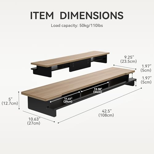 42.5” Monitor Stand Desk Shelf with Phone Tablet Holder Black | desk organizer for 55"–72" desk computer setup ergonomic relief easy assembly excellent stability keyboard storage Wood