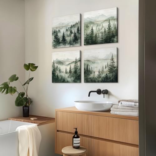 Green Forest Wall Art Nature Foggy Mountains Landscape Pictures for Living Room Misty Forest Bathroom Decor Pine Tree Wall Art Woodland Scenery Canvas Prints Artwork Home Decoration 12x12" 4Pcs - color: Foggy Forest, size: 12 x 12 in
