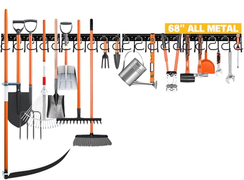 ELEAD 68'' All Metal Adjustable Garden Tool Organizer: Garage Tool Organizer Wall Mount with Black Hooks, Garage Organizers and Storage, Tool Hangers for Shed - color: 68-Inch Black