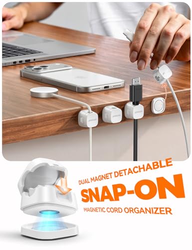 JOYROOM Detachable Magnetic Cord Organizer w/Secure Snap-Lock, 2-in-1 Adhesive& Magnetic Cable Clips, Auto-Fit Spring Management for φ1.5~8mm Cables, Under Desk Nightstand Home Office Car Wire Keeper - color: White