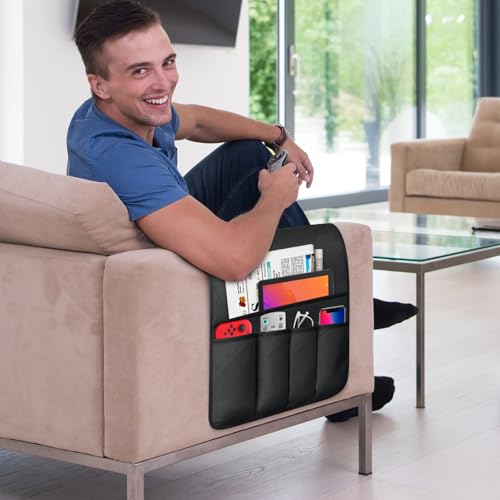 TV Remote Control Holder Couch Caddy, Non-slip Bedside Caddy Organizer with 5 Pockets for Key Glasses Phone Magazine Holders (Black, 35"x12.4") - color: Black, size: 35"x12.4"