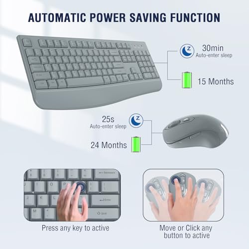 Wireless Keyboard and Mouse Combo, EDJO 2.4G Full-Sized Ergonomic Computer Keyboard with Wrist Rest and 3 Level DPI Adjustable Wireless Mouse for Windows, Mac OS Desktop/Laptop/PC(Grey) - color: Gray
