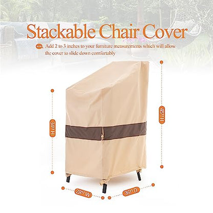 WJ-X3 Stackable Patio Chair Cover, Heavy Duty, Wind Resistant and Waterproof Outdoor Lawn Chair Covers, 28W x 36D x 45H, (4-6 Stacked Chairs), Beige/Coffee, 1-Pack - color: Beige & Coffee, size: 28W x 36D x 45H, 1-Pack, Stacked Chairs (4-6)