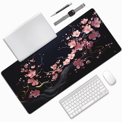 Extra Large Mouse Pad, Cherry Blossom Design, Non-Slip Rubber Base, Stitched Edges, 35.4 x 15.7 Inches, for Gaming and Office - color: plum blossoms