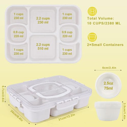 Large Snackle Box Container with 2 Sauce Cups, 8-Compartment Divided Serving Tray with Lid & Handle, Portable Snack Tray for Travel Picnic, Leak-Proof, Dishwasher Safe, BPA-Free - color: White