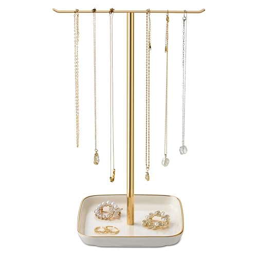 Jewelry Holder Stand with Ceramic Base: 12" Tall Necklace Organizer Rack, Tree Design Display Storage for Necklaces, Bracelets, Rings, Earrings, Aesthetic Room Décor for Girls and Women, Gold - color: White, size: 5.8" base