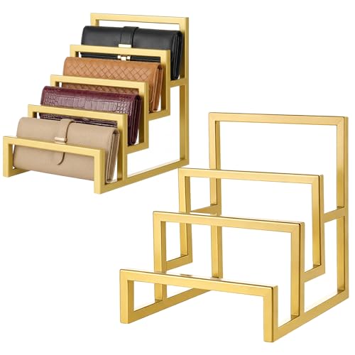 2 Pack Purse Organizer for Closet Display, 3 Layer and 4 Layer Gold Wallet Display Riser Stand Clutch Purse Organizer Metal Wallet Rack for Handbag Home Retail Boutique Store Supplies