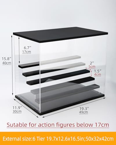Clear Acrylic Display Case with Light , 6 Tier Display Box Stand Assembly Dustproof Protection Showcase for Collectibles Action Figures (Black 6 Tier L 19.7*12.6*16.5in；50×32×42cm) - color: Black With Light, size: 6 Tier L 19.7*12.6*16.5in；50×32×42cm