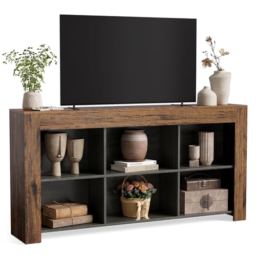 LITTLE TREE TV Stand with Storage, 63-Inch Entertainment Center with Shelves, Modern Media Console for Television up to 65" for Living Room, Bedroom, Brown + Black - color: Brown + Black