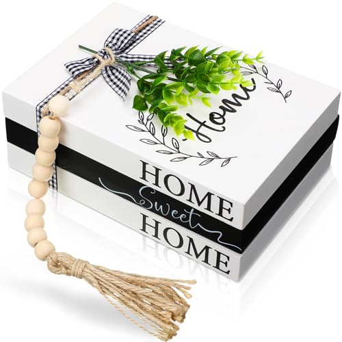 Capoda 3 Pcs Decorative Books for Home Decor Farmhouse Faux Stacked Books Wooden Rustic Table Decor with Bead Garland Twine Ribbon Faux Leaf for Table(Home) - style: Home