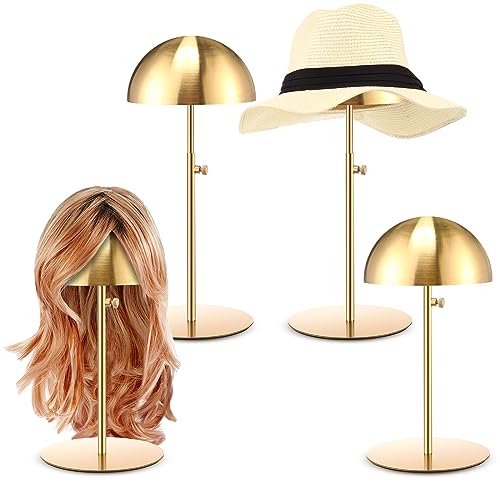 Sintuff 4 Pcs Hat Display Stand:adjustable 7.9-15.7inch Wigs Head Holder Stand Non Slip Stainless Steel Metal Rack for Multiple Hats Wig Storage Styling Practice(Gold,Round Base) - color: Gold, style: Round Base