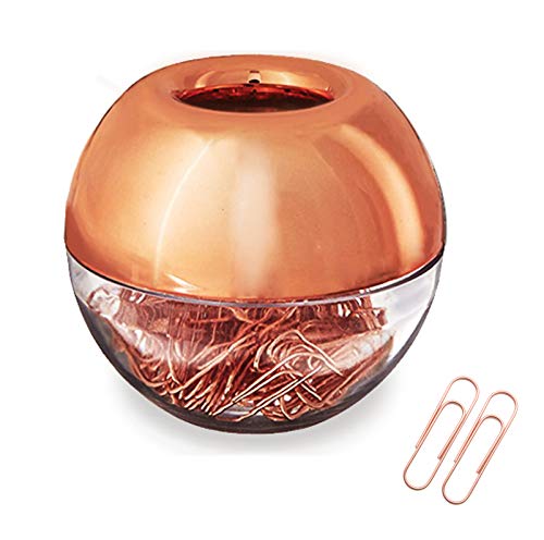 Rose Gold Magnetic Paper Clip Dispenser with 100pcs 1.1" Medium Paper Clips, Acrylic Holder for Office Decor - color: Rose