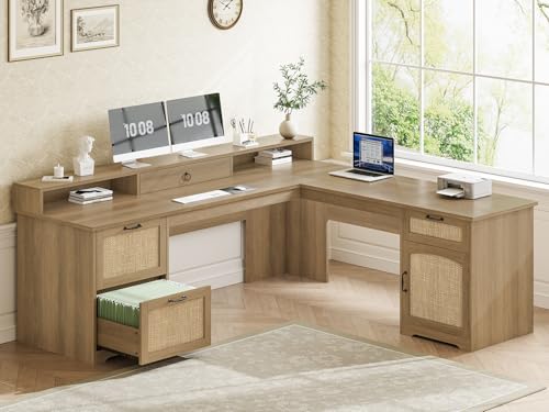 SEDETA 63" Rattan L Shaped Desk with Drawers, Farmhouse Corner Computer Desk, Wood Office Desk with File Drawers with Storage, Executive Desk with Monitor Stand and Storage Cabinet, Oak - color: Oak, size: L Shaped Desk (63")