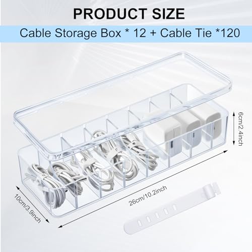 Tatuo 12 Pcs Cable Organizer Box with Wire Ties, Plastic Cord Storage Box with Lid, Electronics Organizer for Home Office Desk Organizers and Accessories (Clear) - color: Clear
