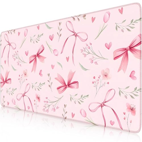 HAOCOO Pink Coquette Desk Mat, Cute Large Mouse Pad for Keyboard, Non-Slip Waterproof Desk Pad, Office Desktop Mat with Stitched Edges, Desk Decor for Women Office Aesthetics - color: D-coquette, size: 35.4" x 15.7"