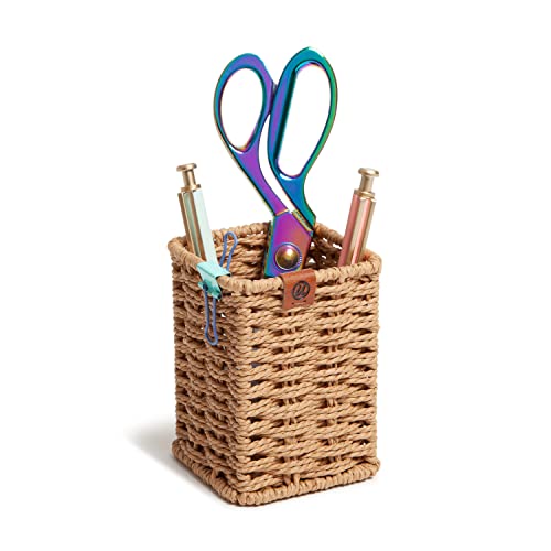 U Brands Woven Pencil Cup, Rattan-Inspired Wicker Style Office Organization Supplies, Natural Wood, 1 Count