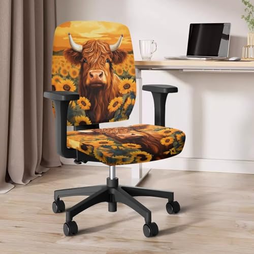 Highland Cow Office Chair Covers Stretchable Desk Accessories Universal Split Rotating Swivel Chair Slipcover Protector Computer Office Chair Seat Cover 2 Piece Office Gifts for Women Men - color: Highland Cow