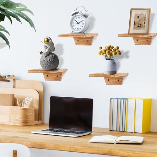 PHOENANCEE Small Floating Shelves,Speaker Shelf,Trapezoid Wall Shelf for Table Lamp Plants Display,Decorative Wood Ledges Chic for Living Room,Bedroom,Kitchen,Pine,8x6 Inch,4 Pack(Carbonized Brown - color: Carbonized Brown, size: Set of 4