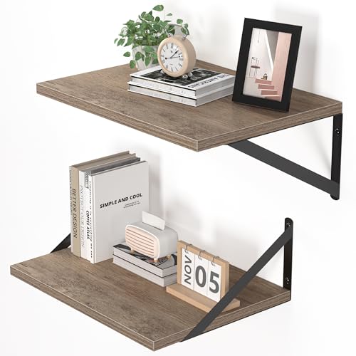 Heimlove Deep Floating Shelves for Wall, 16W x 12D Rustic Grey Wood Wall Shelves Set of 2, Large Floating Shelf for Living Room, Kitchen, Office, Bedroom and Decor Storage, with Metal Bracket - Grey - color: Grey With Black Metal Bracket, size: 16wx12dx5.