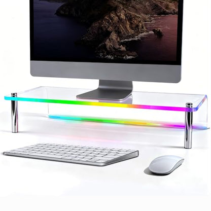 0.39" Extra Thick Acrylic Monitor Stand Riser, Clear | 23.6” x 9.1" x 3.5" Acrylic Desk Shelf with RGB Lighting & Dual Control-App & Button Control,for Office Desktop Organizer