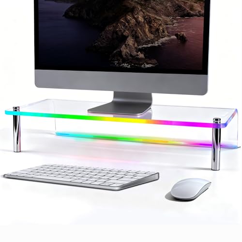 0.39" Extra Thick Acrylic Monitor Stand Riser, Clear | 23.6” x 9.1" x 3.5" Acrylic Desk Shelf with RGB Lighting & Dual Control-App & Button Control,for Office Desktop Organizer