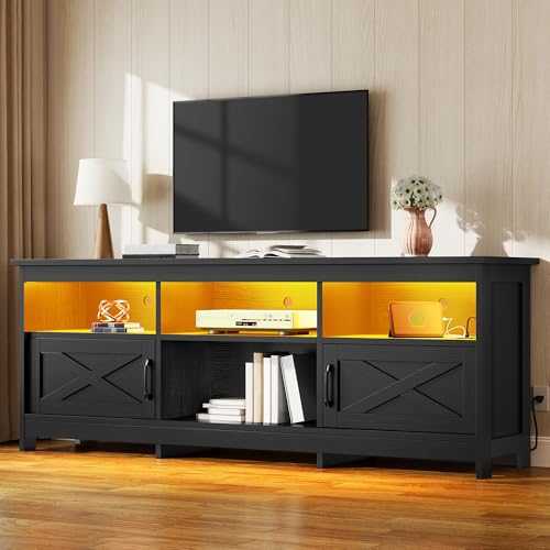 YITAHOME TV Stand for 80/75/70 Inch TVs with LED Lights, Farmhouse Entertainment Center with Storage Cabinets, Open Shelves & Adjustable Shelf for Living Room, Black - color: Black, size: 70"W