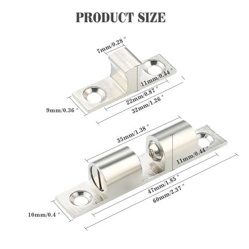 Alise Double Roller Catch Cabinet Latches,Adjustable Double Ball Tension Roller Catch Latch Brass Cabinet Door Latch,60mm Solid Brass Cabinet Latches and Catches,Pack of 4,Silver - color: Silver, size: 60mmX33mm