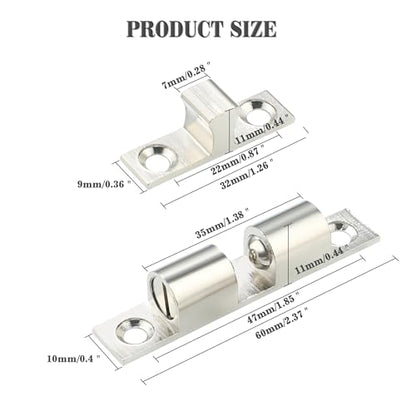 Alise Double Roller Catch Cabinet Latches,Adjustable Double Ball Tension Roller Catch Latch Brass Cabinet Door Latch,60mm Solid Brass Cabinet Latches and Catches,Pack of 4,Silver - color: Silver, size: 60mmX33mm