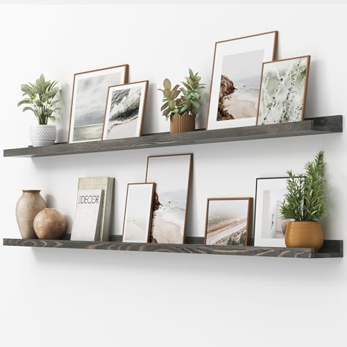 FLYJOE Picture Ledge Shelf, Floating Shelves Set of 2, Solid Pine Wood 72'' Long Large Nursery Book Shelves for Toys Storage, Kids Bookshelf for Living Room Bedroom Decor Books Photo Frames, Grey - color: Grey, size: 72'', set of 2