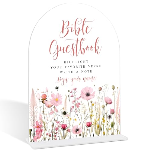 Pink Flower Wedding Bible Guest Book Sign, Guest Book Alternative, Bridal Shower Centerpieces, Wedding Reception Decor, Engagement Party Decor, Acrylic Arch Bridal Shower Sign With Base-16 - color: Wedding Bible16