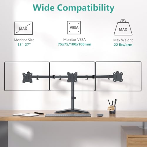 WALI Free Standing Triple Monitor Mount, Heavy Duty Triple Monitors Stand for 13-27 inch Screens, Adjustable 3 Monitor Arm Desk Mount with Swivel, Tilt, Rotation, Grommet Base (MF003N), Black - size: Triple, style: Steel Free Stand