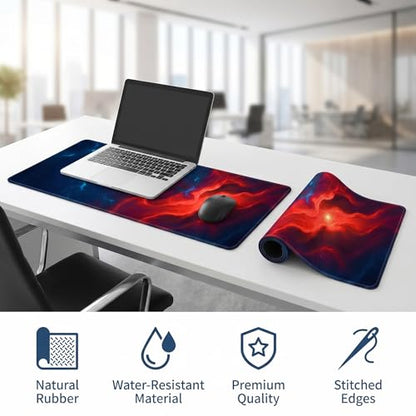 Jeffbaubl Large Desk Mat, 31.5 x 11.8 inch Blue Red Pattern Mouse Pad, Non-Slip Rubber Base and Stitched Edges Mousepad, Waterproof Desk Pad, 3mm Thick Extended Keyboard Pads for Gaming Office Home