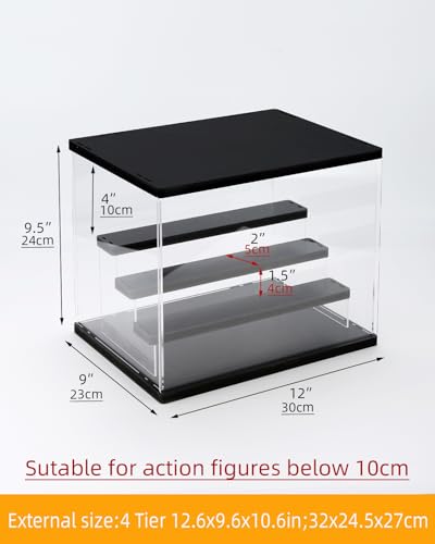 Clear Acrylic Display Case with Light , 4 Tier Display Box Stand Assembly Dustproof Protection Showcase for Collectibles Action Figures (Black 12.6×12.2×11.8in; 32×31×30cm) - color: Black With Light, size: 4 Tier 12.6×9.6×10.6in；32×24.5×27cm