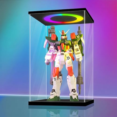 LANSCOERY Acrylic Display Case 13.8x9.8x21.2 in, 10mm Base, RGB Ring Light, 3mm Clear Panels, Front Door for Action Figures and Models - size: 13.8x9.8x21.2inch; 35x25x53.5cm