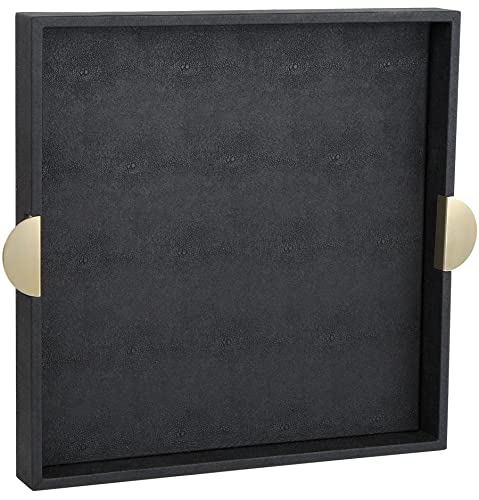 HofferRuffer Faux Leather Decorative Serving Tray, Elegant Coffee Table Ottoman Tray, Breakfast, Drinks, Liquor Serving Platter, Black Shagreen Finish with Gold Hardware Handle (Square) - color: Black, size: 17.8" x 17.8" x 2"