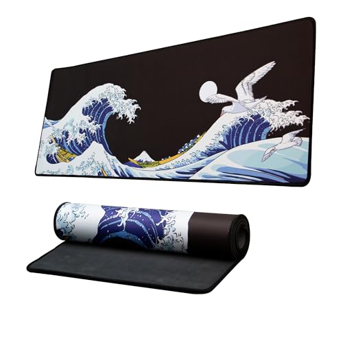 XVX Japanese Sea Wave Large Mouse Pad for Desk, Desk Mat with Seamed Edges, Waterproof Desk Pad, Gaming Mouse Pad Non-Slip Rubber Base, 31.5x11.8 Inch 3mm Thick Keyboard Pad Computer Mat, Kanagawa - color: Kanagawa
