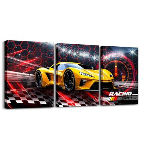 Toddler Race Car Canvas Wall Art Set of 3 for Boys,Red Black Honeycomb Wall Art Racing Speed Sports Racing Car Decor,Black And White Grid Buffalo Plaid Lattice Poster Prints Geometric Hexagon,12x16 - color: Orange Black White