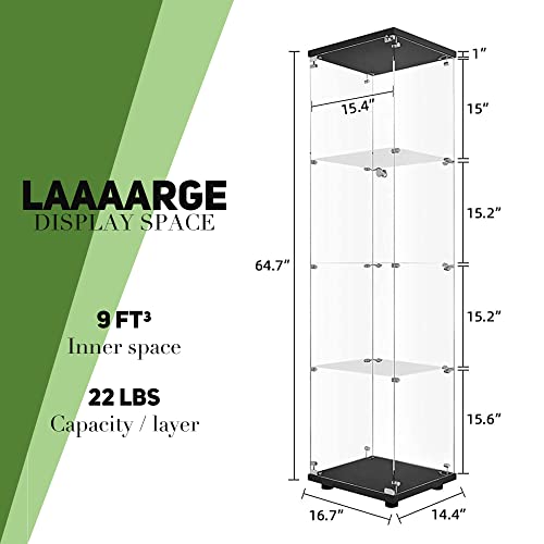 Beauty4U Glass Display Cabinet with 4 Shelves, Curio Cabinets for Living Room, Bedroom, Office, Black Floor Standing Glass Bookshelf, Quick Installation - color: Black, size: 1-Door 4-Shelf