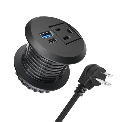 2 inch Desktop Power Grommet with 20W USB-C, Fast Charge Recessed Desk Outlet for Conference Countertop Cabinet Nightstand Furniture, 6.5FT Extension Cord, 45°Flat Plug, ETL Listed - color: Black