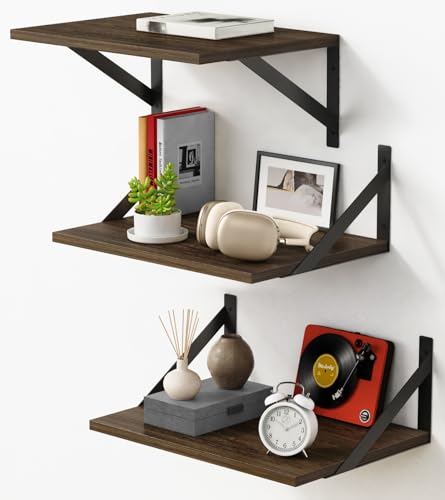 Forbena 12 Inch Deep Floating Shelves for Wall Set of 3, Wooden Wall Bookshelf for Bedroom Books, Rustic Wood Hanging Bookshelves for Bathroom Living Room Office Storage (Dark Brown) - color: Rustic Brown, size: 16 x 12 Inch