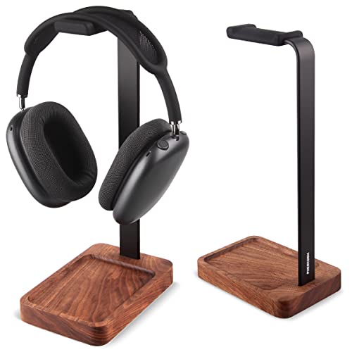 Walnut Wood & Aluminum Headset Holder, Desktop Headphone Stand, Universal headphone holder for most music gaming headsets - Black Walnut