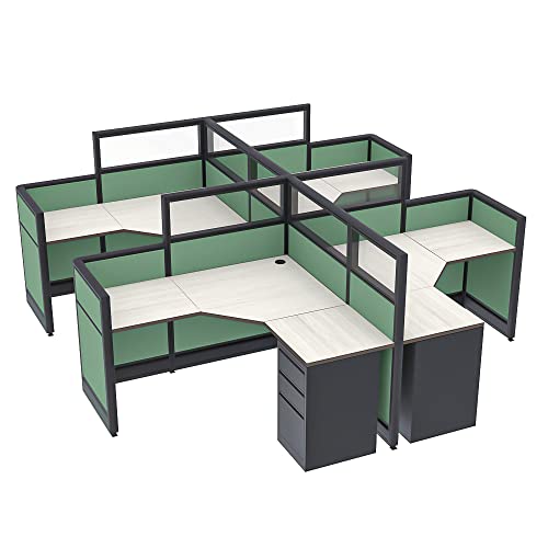 SKUTCHI DESIGNS INC. Modern 4 Person Cubicles | L-Shaped Workstations with Storage | Emerald Collection | Social Distancing | 5x5x52-39 H | Sea Salt - color: Sea Salt