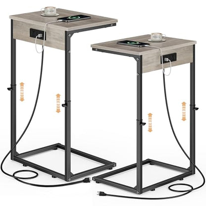 Vagusicc C Shaped End Tables Set of 2 with Charging Station, 33.2'' Tall C Table Adjustable Height Side Table, Small Side Table for Small Spaces, Couch Sofa Table TV Tray for Living Room, Greige - color: Greige (2 Pack), style: With Plug