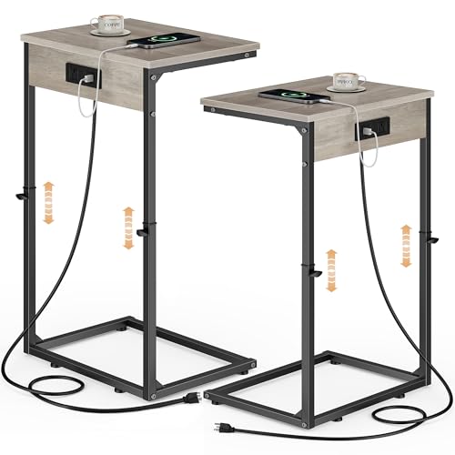 Vagusicc C Shaped End Tables Set of 2 with Charging Station, 33.2'' Tall C Table Adjustable Height Side Table, Small Side Table for Small Spaces, Couch Sofa Table TV Tray for Living Room, Greige - color: Greige (2 Pack), style: With Plug