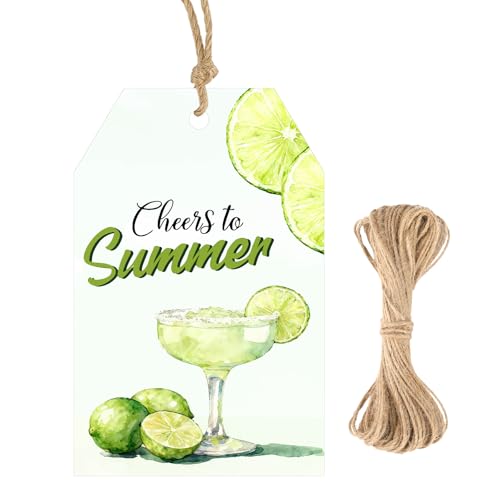 G2PLUS Summer Gift Tags - 50Pcs Cheers to Summer Tags, Green Margaritas Lemon Gift Tag with String for Mexcan Bachelorette, Cocktail and Luau Tropical Party Favors - style: Lemon Cheers to Summer