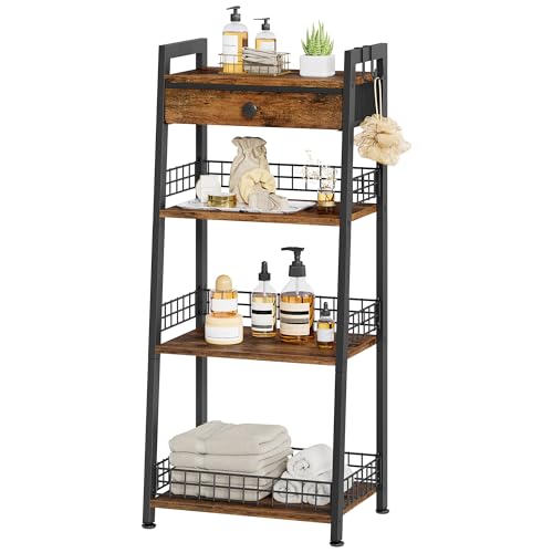 Gewudraw 4-Tier Ladder Shelf with Drawer, Bathroom Table Stand for Small Space, Bathroom Standing Shelves with Storage for Living Room Bedroom Kitchen, Organizer Shelf, Rustic Brown - color: Rustic Brown, size: 4 Tier Standard