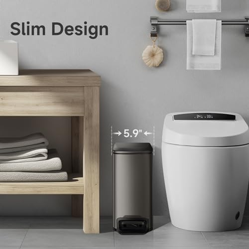 TIPGO Slim Bathroom Trash Can with Lid Soft Close, 6 Liter / 1.6 Gallon Stainless Steel Garbage Can with Removable Inner Bucket, Step Pedal, Small Trash Cans for Bedroom, Office, Kitchen (Black Gold) - color: Black Gold