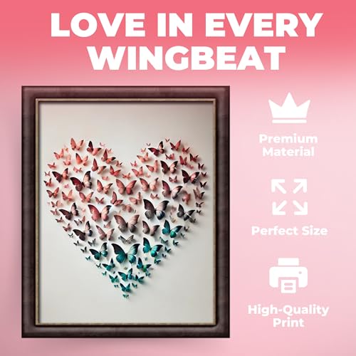 InkFlow Posters Butterfly Heart Poster - 3D Paper Butterflies in Pink, Blue, and Teal - Abstract Love Art for Bedroom, Living Room, Home - 8x10 Unframed Canvas Print - color: Style-04, size: 8"L x 10"W